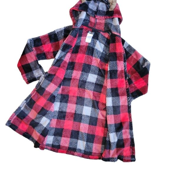 Boys M 8/10 Cuddl Duds Moose/Deer black/red Checkered Plaid Winter Hooded Robe - Picture 3 of 10